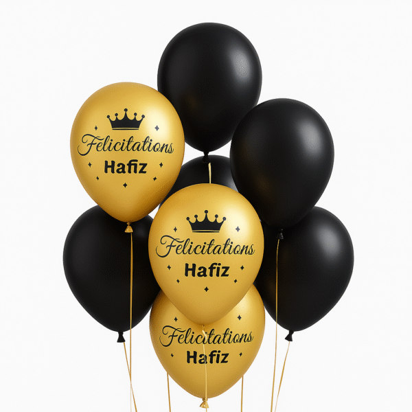 Ballons « Félicitations Hafiz » – Lot de 10 (Or & Noir)