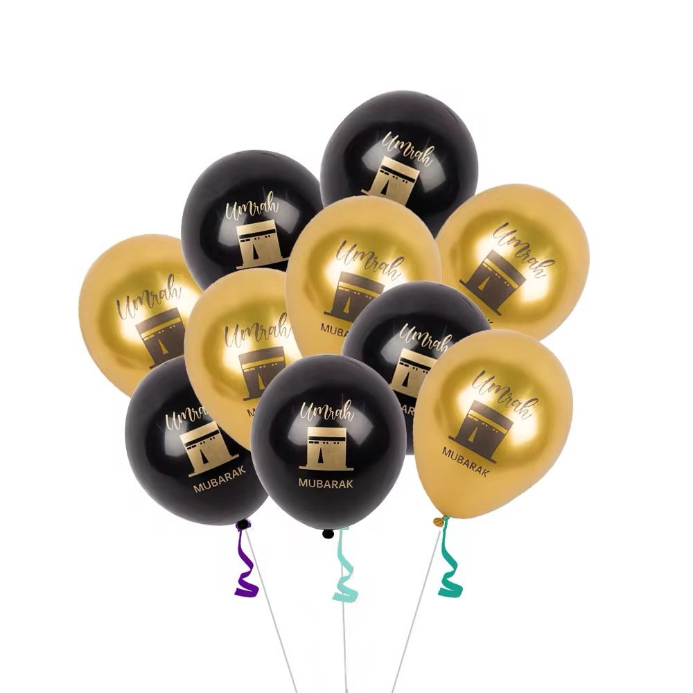 Bouquet de 10 ballons latex Umrah Mubarak noir et doré chromé avec motif Kaaba – décoration islamique NoorFestivities