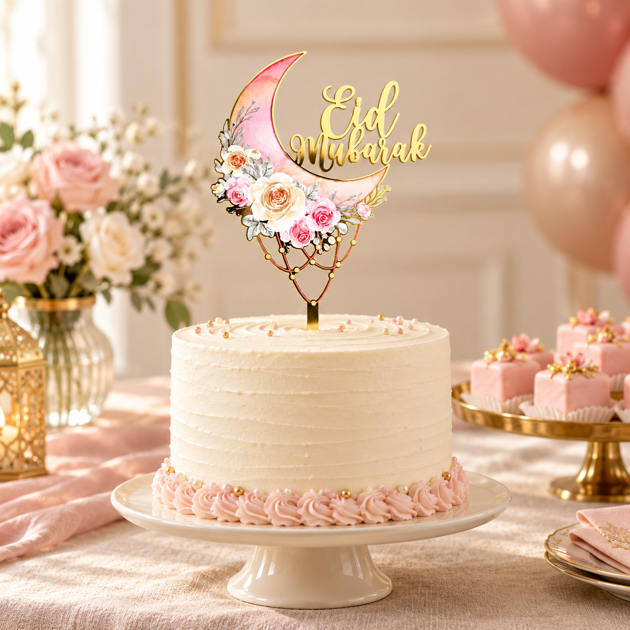 Cake topper Eid Mubarak rose fleuri – Croissant doré – Image 2