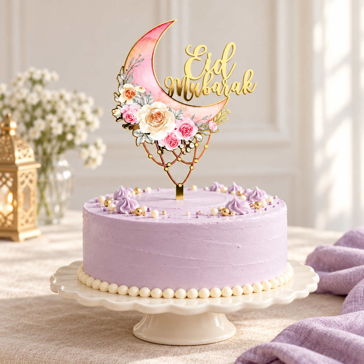 Cake topper Eid Mubarak rose fleuri – Croissant doré – Image 3