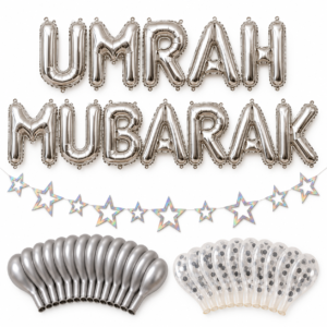 Kit Umrah Mubarak Argent — Ballons et guirlande étoiles