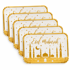 5 plateaux carton Eid Mubarak blanc et or — 28 × 19 cm